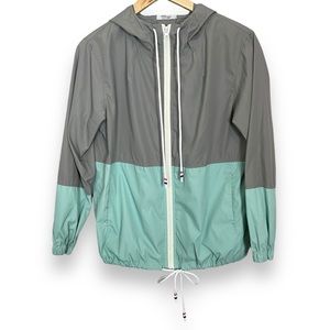 Lightweight Jacket Gray Teal Women Hood Small Polyester Windbreaker Color‎ Block